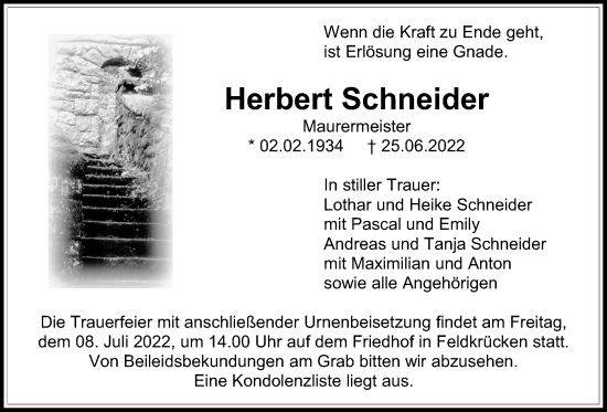Traueranzeige von Herbert Schneider von Alsfelder Allgemeine