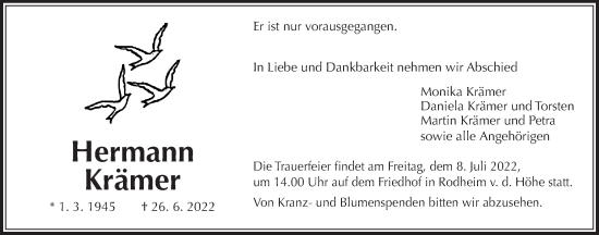 Traueranzeige von Hermann Krämer von Wetterauer Zeitung