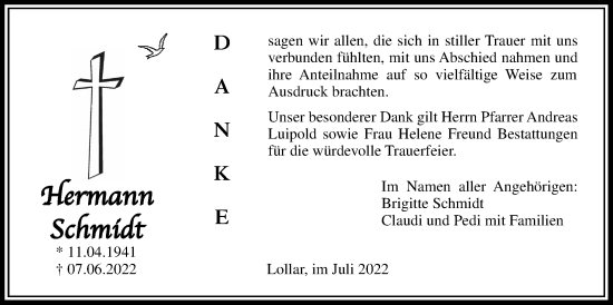 Traueranzeige von Hermann Schmidt von Giessener Allgemeine, Alsfelder Allgemeine, Giessener Anzeiger