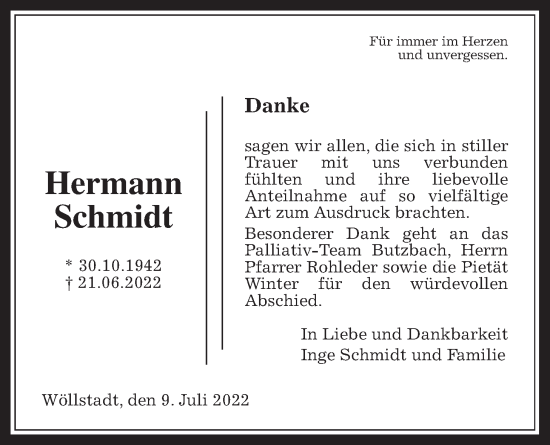 Traueranzeige von Hermann Schmidt von Wetterauer Zeitung