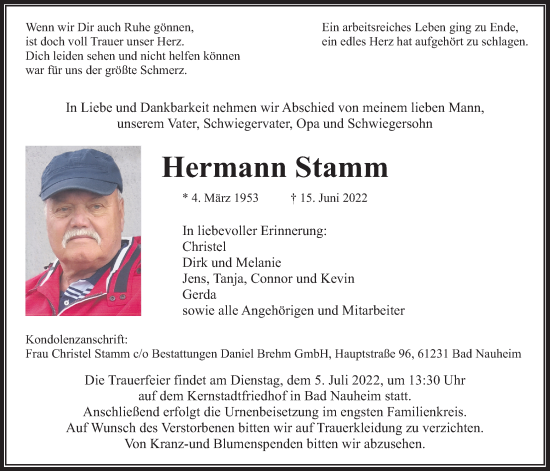 Traueranzeige von Hermann Stamm von Wetterauer Zeitung