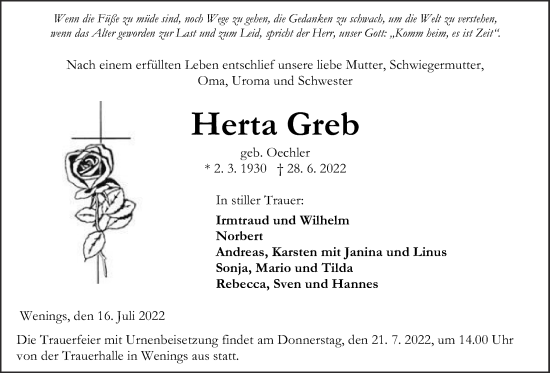Traueranzeige von Herta Greb von Kreis-Anzeiger