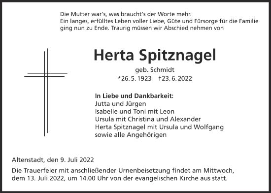 Traueranzeige von Herta Spitznagel von Kreis-Anzeiger
