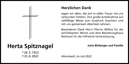 Traueranzeige von Herta Spitznagel von Kreis-Anzeiger