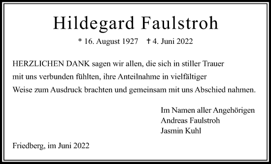 Traueranzeige von Hildegard Faulstroh von Wetterauer Zeitung