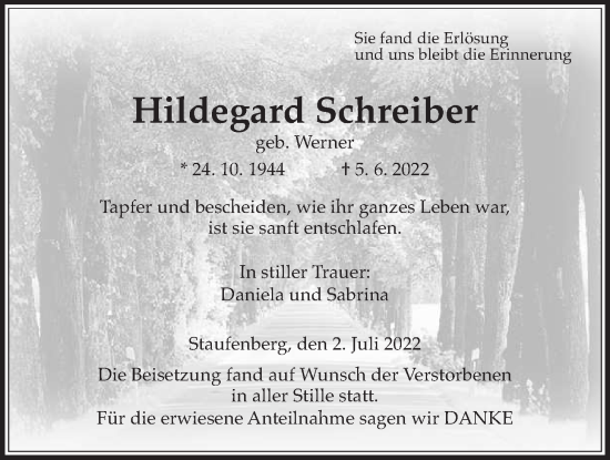 Traueranzeige von Hildegard Schreiber von Giessener Anzeiger, Giessener Allgemeine, Alsfelder Allgemeine