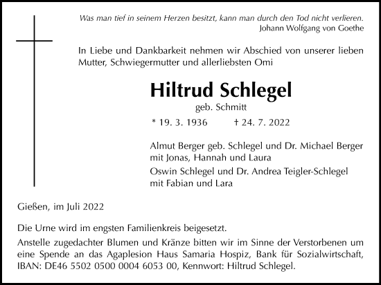 Traueranzeige von Hiltrud Schlegel von Giessener Allgemeine, Alsfelder Allgemeine, Giessener Anzeiger