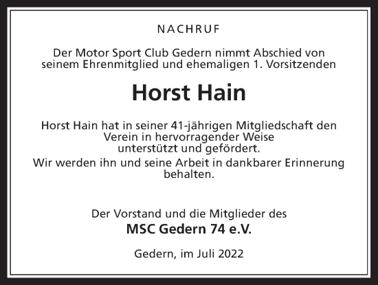Traueranzeige von Horst Hain von Kreis-Anzeiger