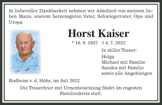 Traueranzeige von Horst Kaiser von Wetterauer Zeitung