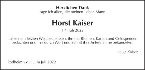 Traueranzeige von Horst Kaiser von Wetterauer Zeitung