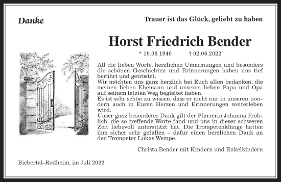 Traueranzeige von Horst Friedrich Bender von Giessener Allgemeine, Alsfelder Allgemeine