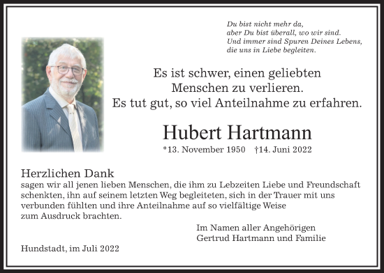 Traueranzeige von Hubert Hartmann 