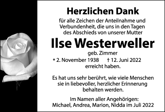 Traueranzeige von Ilse Westerweller von Kreis-Anzeiger