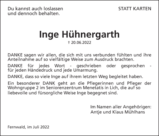 Traueranzeige von Inge Hühnergarth von Giessener Allgemeine, Alsfelder Allgemeine, Giessener Anzeiger