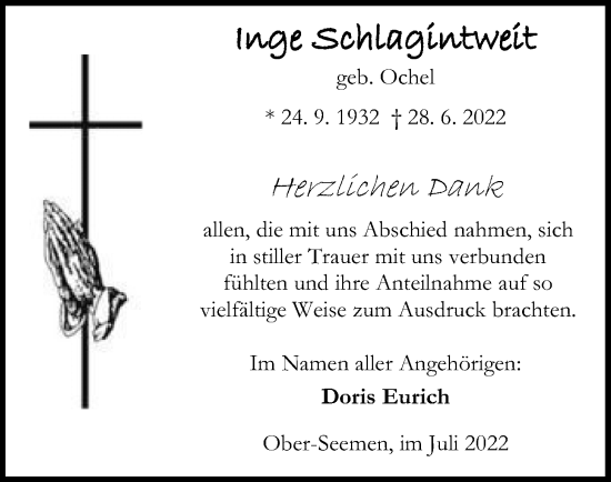 Traueranzeige von Inge Schlagintweit von Kreis-Anzeiger