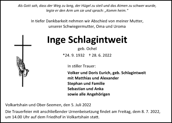Traueranzeige von Inge Schlagintweit von Kreis-Anzeiger