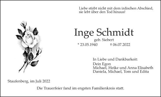 Traueranzeige von Inge Schmidt von Giessener Anzeiger, Giessener Allgemeine, Alsfelder Allgemeine