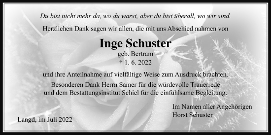 Traueranzeige von Inge Schuster von Licher Wochenblatt