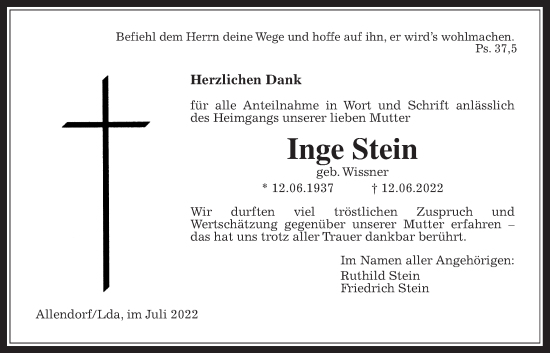 Traueranzeige von Inge Stein von Giessener Allgemeine, Alsfelder Allgemeine, Giessener Anzeiger, Allendorfer Mitteilungen