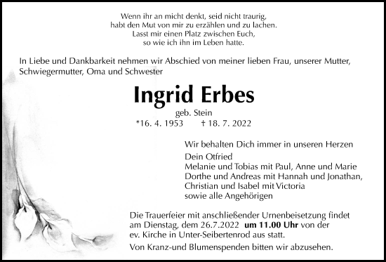 Traueranzeige von Ingrid Erbes von Alsfelder Allgemeine