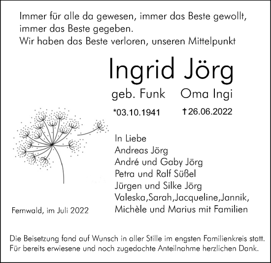 Traueranzeige von Ingrid Jörg von Giessener Allgemeine, Alsfelder Allgemeine, Giessener Anzeiger