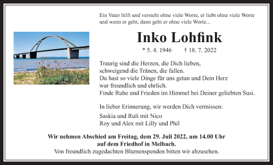 Traueranzeige von Inko Lohfink von Wetterauer Zeitung