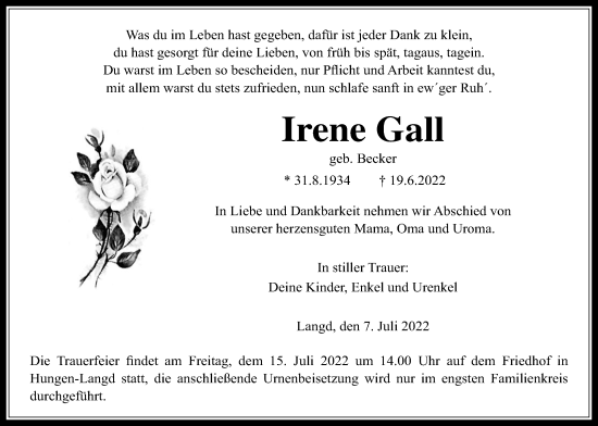 Traueranzeige von Irene Gall von Licher Wochenblatt