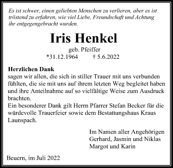 Traueranzeige von Iris Henkel von Licher Wochenblatt