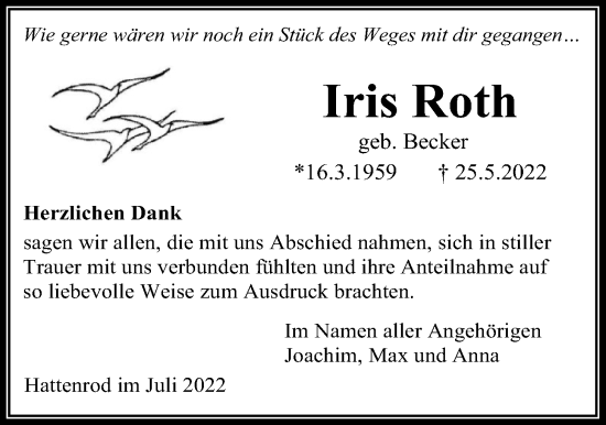 Traueranzeige von Iris Roth von Giessener Allgemeine, Alsfelder Allgemeine