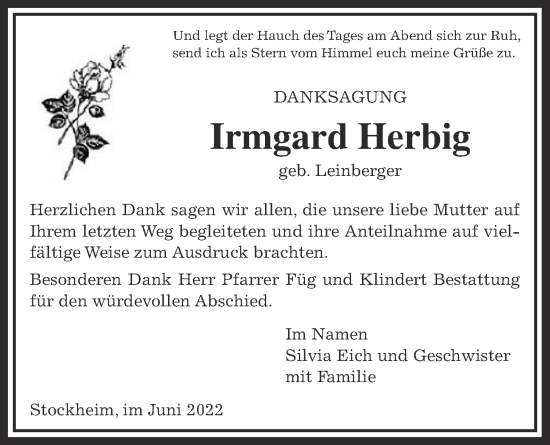 Traueranzeige von Irmard Herbig von Kreis-Anzeiger