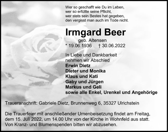 Traueranzeige von Irmgard Beer von Giessener Allgemeine, Alsfelder Allgemeine