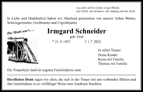 Traueranzeige von Irmgard Schneider von Licher Wochenblatt