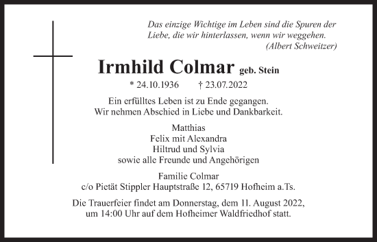 Traueranzeige von Irmhild Colmar 