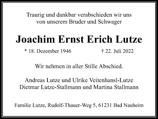 Traueranzeige von Joachim Ernst Erich Lutze von Wetterauer Zeitung