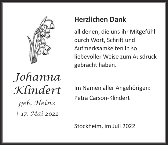Traueranzeige von Johanna Klindert von Kreis-Anzeiger