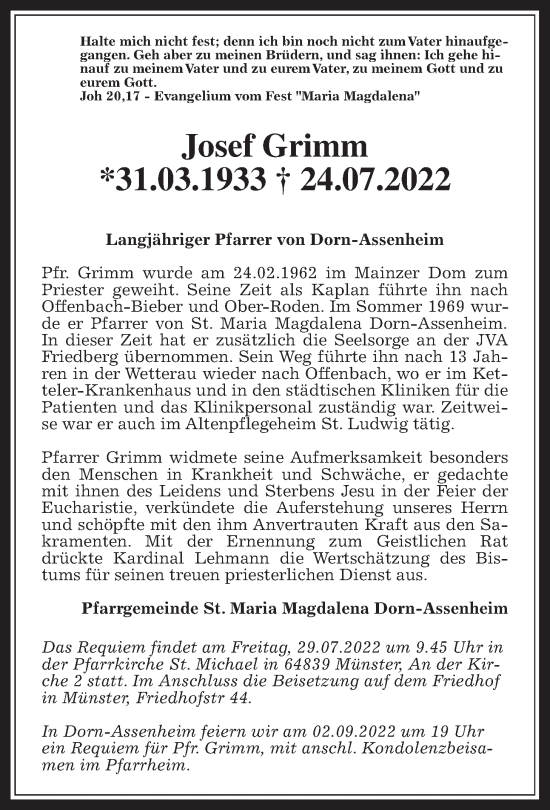 Traueranzeige von Josef Grimm von Wetterauer Zeitung