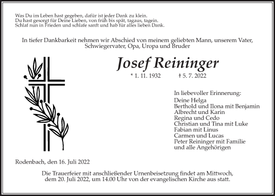 Traueranzeige von Josef Reininger von Kreis-Anzeiger