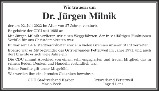 Traueranzeige von Jürgen Milnik von Wetterauer Zeitung, Bad Vilbel/Karben