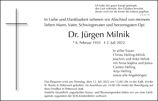 Traueranzeige von Jürgen Milnik von Bad Vilbel/Karben, Wetterauer Zeitung
