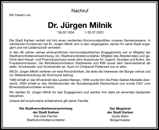 Traueranzeige von Jürgen Milnik von Wetterauer Zeitung