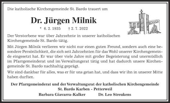 Traueranzeige von Jürgen Milnik von Wetterauer Zeitung