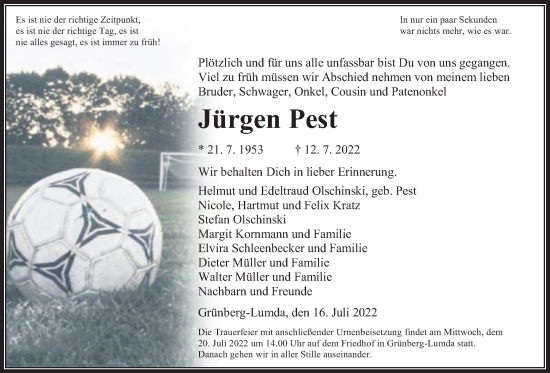 Traueranzeige von Jürgen Pest von Giessener Anzeiger, Giessener Allgemeine, Alsfelder Allgemeine