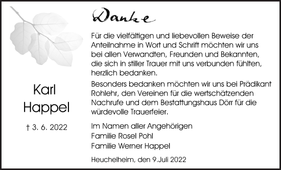 Traueranzeige von Karl Happel von Giessener Anzeiger, Giessener Allgemeine, Alsfelder Allgemeine