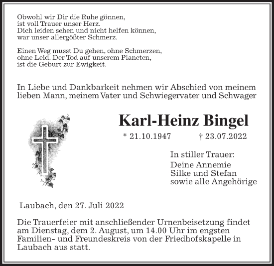 Traueranzeige von Karl-Heinz Bingel von Laubacher Anzeiger