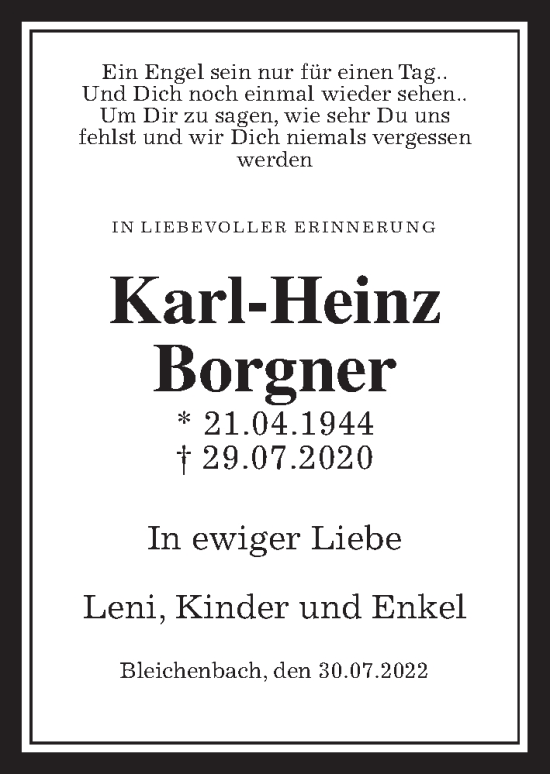 Traueranzeige von Karl-Heinz Borgner von Kreis-Anzeiger