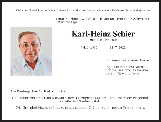 Traueranzeige von Karl-Heinz Schier von Wetterauer Zeitung