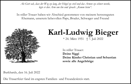 Traueranzeige von Karl-Ludwig Bieger von Kreis-Anzeiger