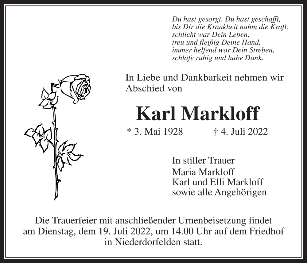  Traueranzeige für Karl Markloff vom 14.07.2022 aus Bad Vilbel/Karben