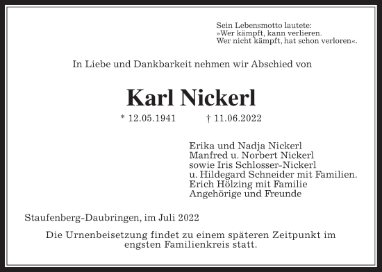 Traueranzeige von Karl Nickerl von Giessener Allgemeine, Alsfelder Allgemeine