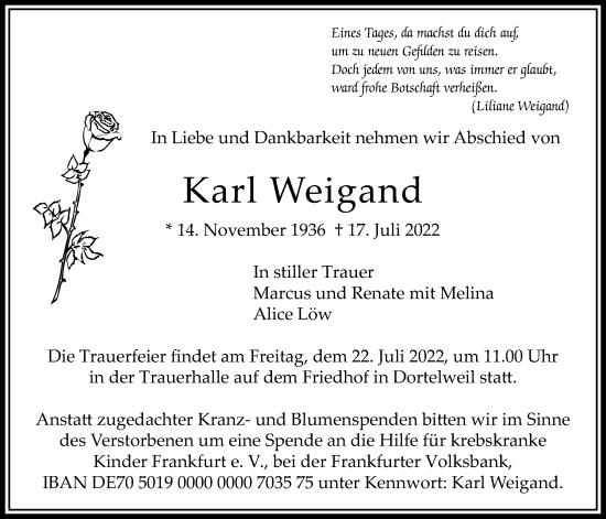 Traueranzeige von Karl Weigand von Bad Vilbel/Karben